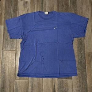 Vintage 90s Blue and White Nike Essential Mini Swoosh T Shirt